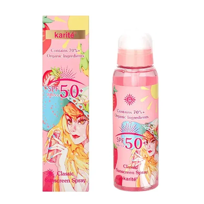 اسپری ضد آفتاب کاریته بی رنگ اس پی اف 50 عصاره توت فرنگی