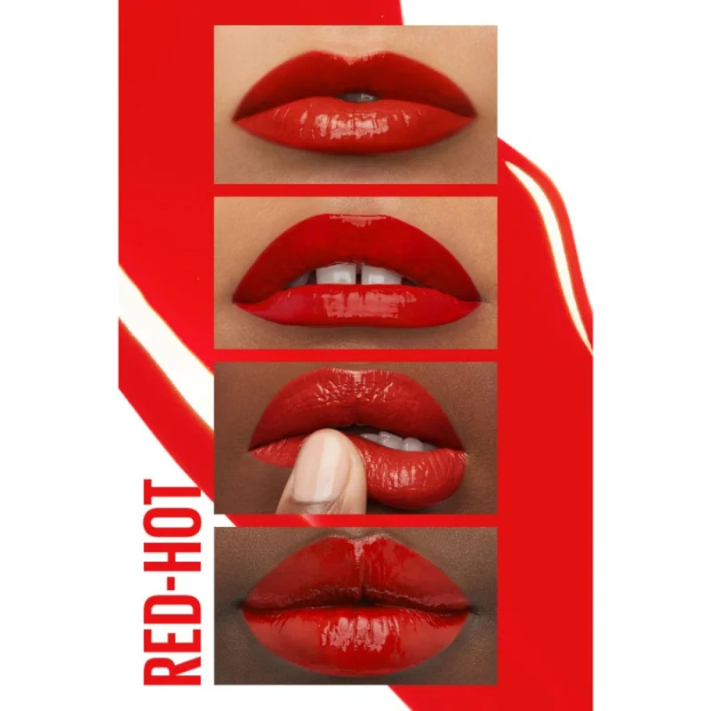 تست رنگ رژ لب مایع میبلین مدل Super Stay رنگ Red Hot شماره 25 روی لب ها